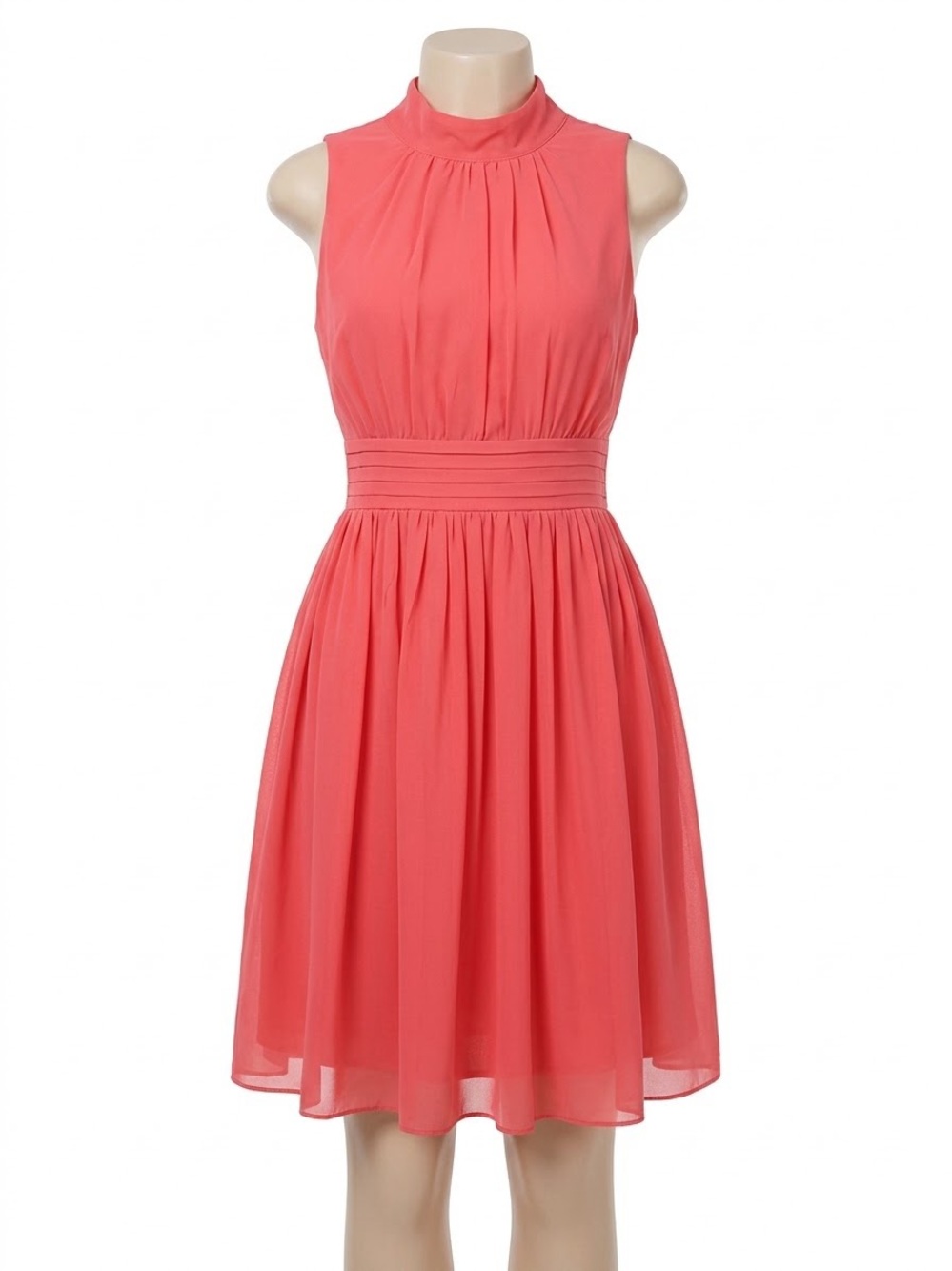 Sleeveless Coral High-Neck Pleated Waist Dress